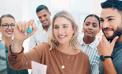 Buy stock photo Marketing and advertising team manager writing on glass for planning, strategy and teamwork in a office. Happy thinking and creative problem solving with diversity group on an innovation mission