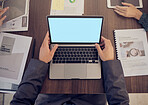 Blank, computer and green screen with mockup of a laptop monitor with businessman in a meeting. Working, team planning and work web research of a business man writing a email or IT coding mock up
