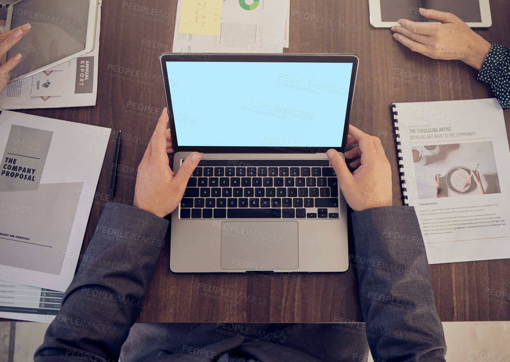 Buy stock photo Blank, computer planning and businessman green screen with mockup of laptop monitor in a meeting. Working, team planning and work web research of a business man writing a email or IT coding mock up
