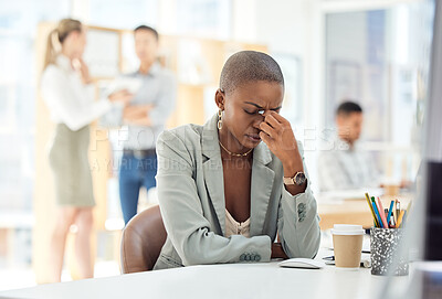 Buy stock photo Black woman, headache or stress at desk in busy office, marketing agency or advertising company with target goals fail. Worker or employee with anxiety, burnout and mental health in creative business