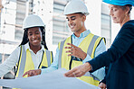 Man, women and architecture blueprint for building engineering, real estate innovation or property development in Canada city. Smile, happy or talking construction workers with paper design planning