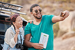 Couple, travel and road trip selfie with peace sign, map and smile while on a stop outdoor for social media streaming on vacation, journey and adventure. Asian, woman and man together for phone photo