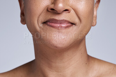 Buy stock photo Face skincare, beauty or senior woman zoom portrait for dermatology cosmetics, wellness marketing in studio. Skin or happy elderly model close up with smile, happiness or plastic surgery