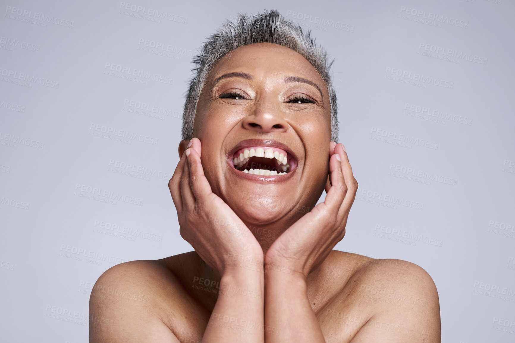 Buy stock photo Happy, smile or skincare of senior woman in studio portrait for health or natural cosmetic routine treatment. Skin facial or comic elderly model with self care, glow or plastic surgery beauty