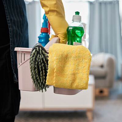 Buy stock photo Cleaning product, chemical and basket with man in living room to clean bacteria, dust and dirt during spring cleaning at home. Cleaning service, cleaner or maid with container to work in room