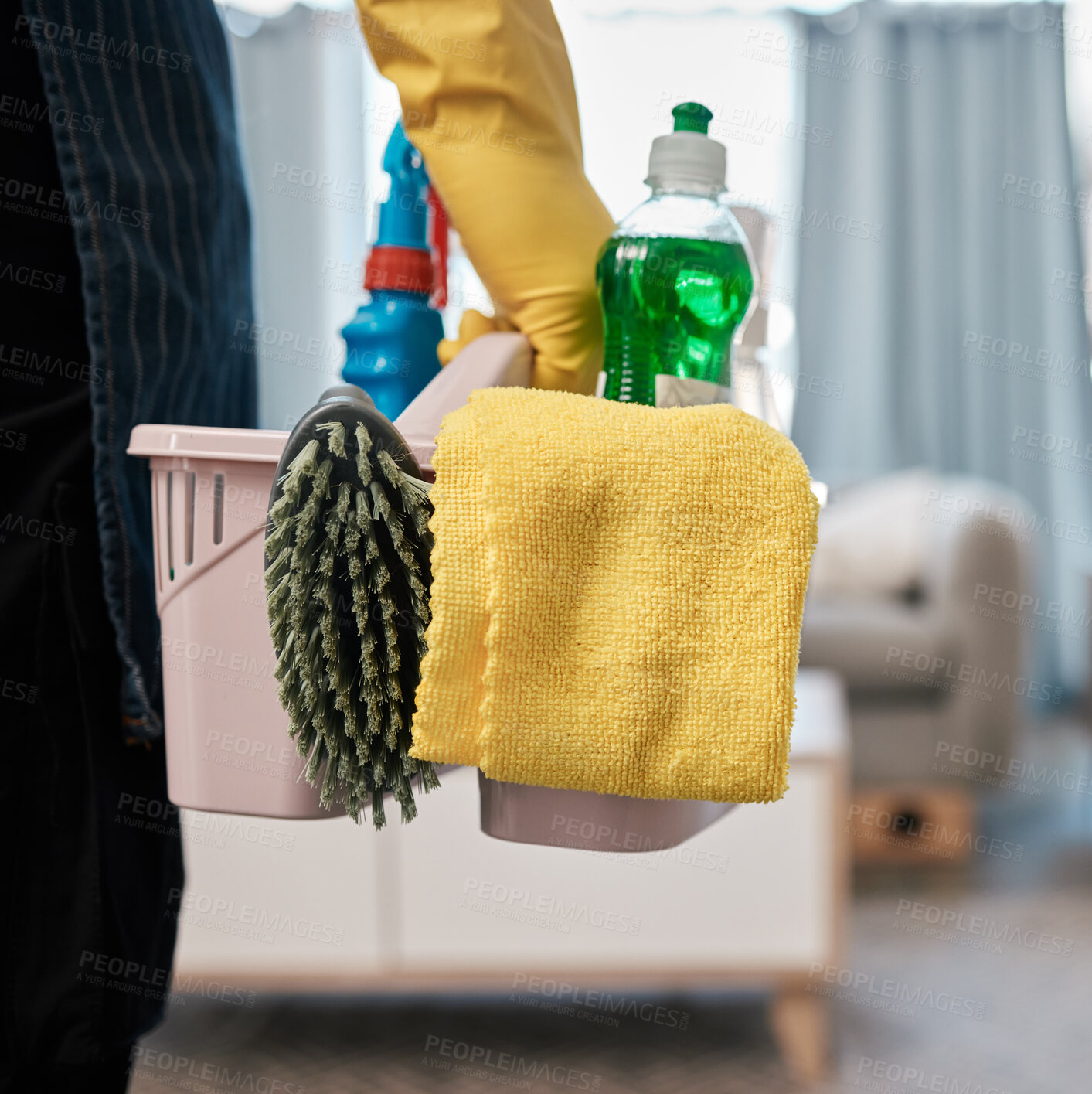 Buy stock photo Cleaning product, chemical and basket with man in living room to clean bacteria, dust and dirt during spring cleaning at home. Cleaning service, cleaner or maid with container to work in room