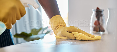 Buy stock photo Table, spray bottle and black man hands cleaning dust, furniture desk or doing home housekeeping. Fabric cloth, cleaning service product and cleaner wipe bacteria with liquid chemical disinfectant