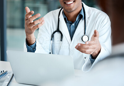 Buy stock photo Healthcare, stethoscope and hands of doctor with laptop  talking to patient for diagnosis, medical results and report. Insurance, clinic and hospital worker with computer consulting with patient