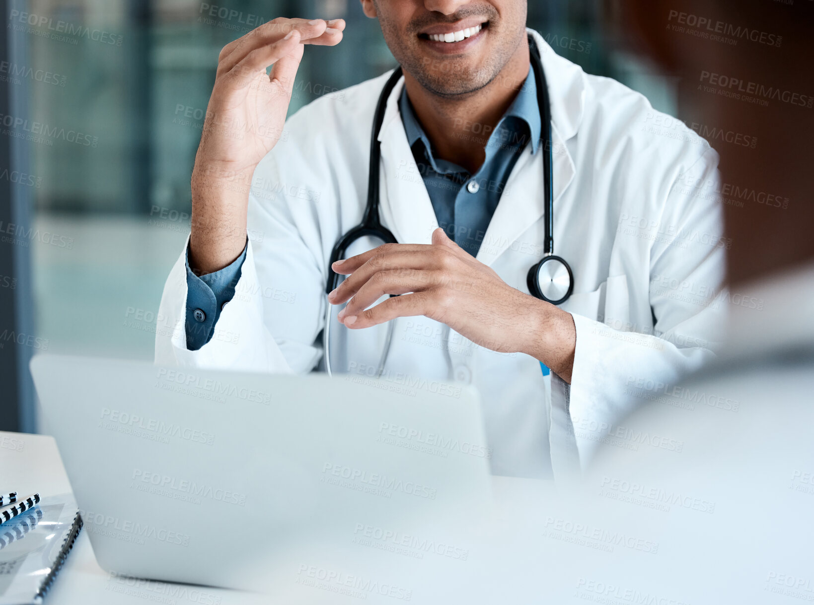 Buy stock photo Laptop, healthcare and hands of doctor with stethoscope  talking to patient for diagnosis, medical results and report. Insurance, healthcare and hospital worker with computer consulting with patient