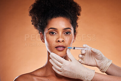 Buy stock photo Plastic surgery and portrait of woman with lip filler for beauty, aesthetic goals and face augmentation. Black model, hyaluronic acid and hands of medical doctor with dermal filler injection
