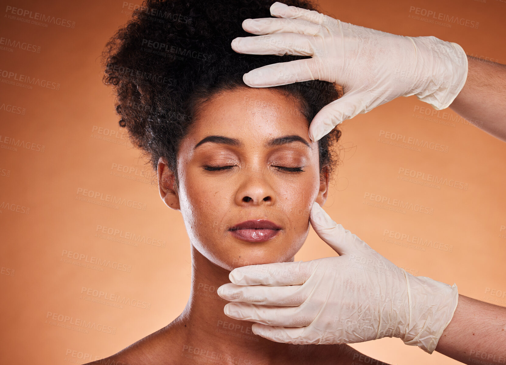 Buy stock photo Plastic surgery, cosmetics and black woman in studio with medical hands for cosmetic, aesthetic or facial dermatology help, support and trust. Mesotherapy, hyaluronic acid or collagen of girl model face
