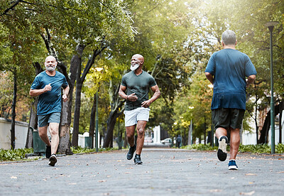 Buy stock photo Fitness, health and senior men running in nature on garden path with trees. Friendship, training and mature runner and black man friend workout together in summer, motivation for healthy lifestyle.