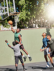 Basketball court, team sports and black people together for fitness, ball game and workout outdoor. Men, friends and community training for sport competition with teamwork, motivation and energy