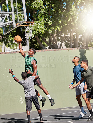 Buy stock photo Basketball court, team sports and black people together for fitness, ball game and workout outdoor. Men, friends and community training for sport competition with teamwork, motivation and energy