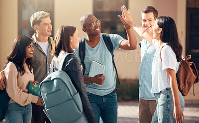 Buy stock photo University, friends and student high five of diversity, college and education group outdoor. Students, study and success support hand gesture of people with happiness excited about learning goal