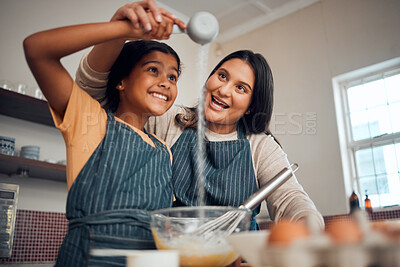 Buy stock photo Baking, girl learning and mother with kitchen cooking, flour and home development of a kid and mom. House, parent care and child making cookies, cake or sweet food with a smile, love and happiness