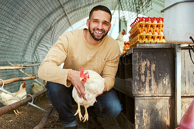 Buy stock photo Chicken farmer, poultry farming and man with animals, smile and happiness while working in the countryside for sustainability. Portrait of farm worker with animal for egg, meat and protein production