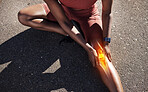 Knee pain, fitness and woman runner with road running, sports and exercise accident on concrete. Joint pain, sport performance accident and leg massage of an athlete training for a marathon race
