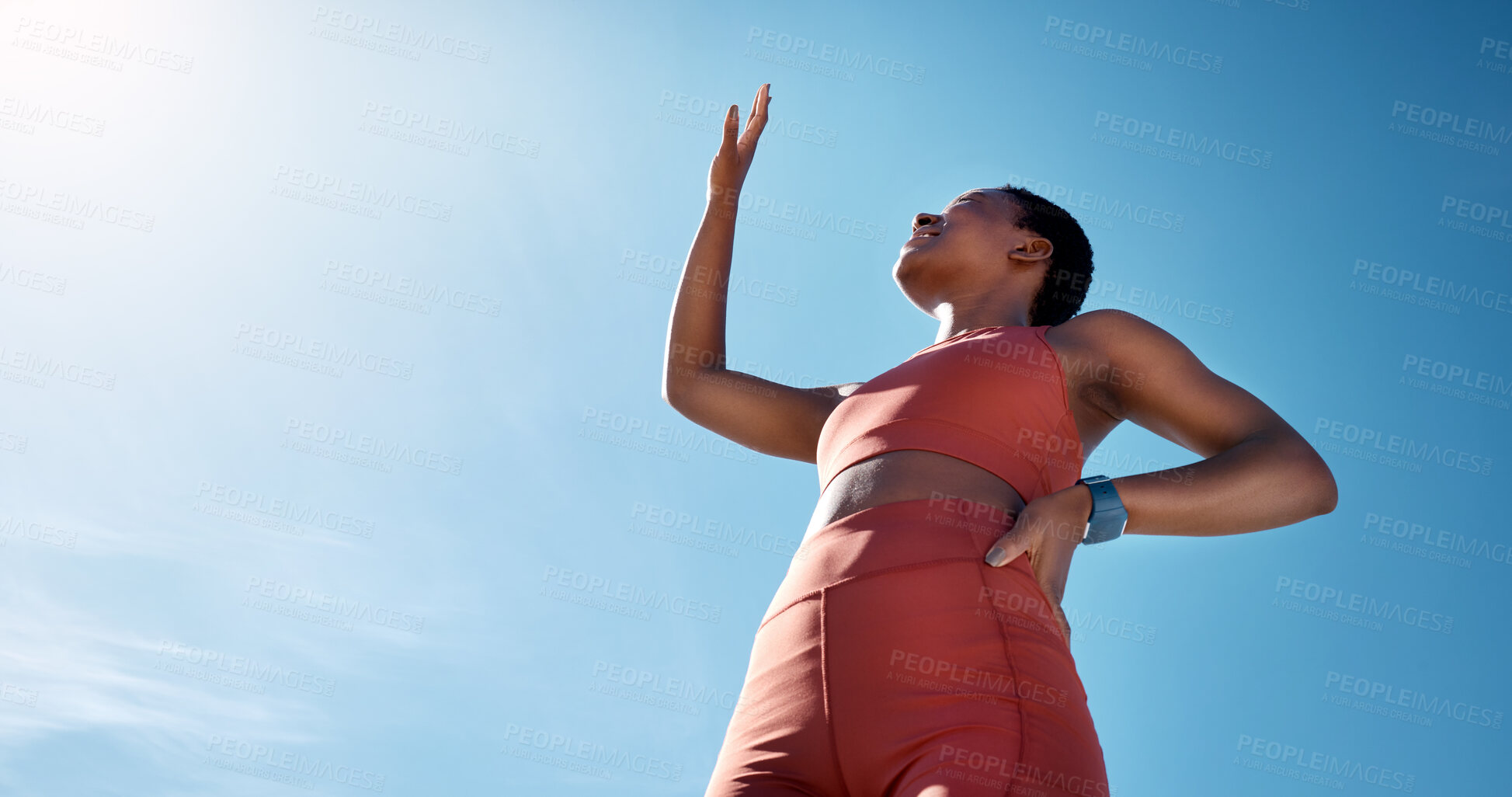 Sunshine, Fitness and Relax, Woman with Mockup on Blue Sky at