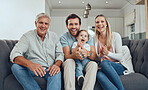 Mother, father and child with grandfather on sofa, generations of family together in living room. Love, home and portrait of parents with baby and grandpa relax and smile on couch in home apartment.