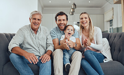 Buy stock photo Mother, father and child with grandfather on sofa, generations of family together in living room. Love, home and portrait of parents with baby and grandpa relax and smile on couch in home apartment.