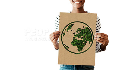Buy stock photo Woman, climate change or cardboard world poster on white background or studio mockup for global warming, earth day or sustainability. Smile, happy or volunteer and environment sign for growth support