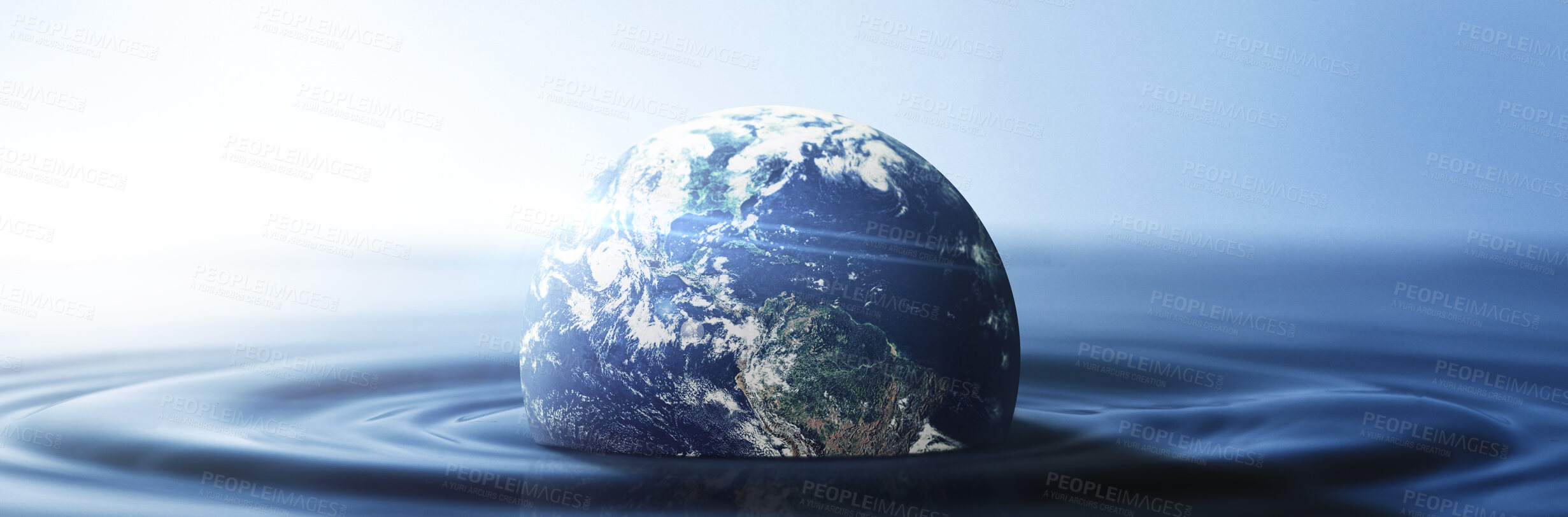 Buy stock photo Water, planet and climate change with the earth in a puddle as a symbol of global warming or temperature shift. Nature, abstract and background with the world in the sea or ocean for sustainability