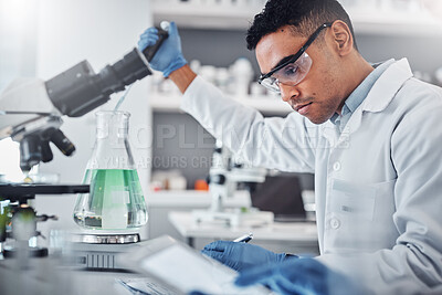 Buy stock photo Science, chemistry and beaker with man in laboratory for research, dna and vaccine analysis. Medicine, pharmacy and innovation with expert and flask for medical, biotechnology and experiment