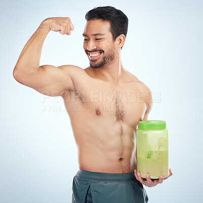Buy stock photo Fitness, man and protein powder for muscle gain, diet and weight loss on grey studio background. Male, athlete and body builder for sports nutrition container, supplement and healthy energy drink. 