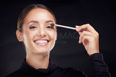 Buy stock photo Makeup, brush or portrait of woman in studio with beauty cosmetics, eyeshadow or facial products on black background. Makeup artist, smile or happy girl brushes face for luxury skincare grooming 