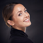 Skincare, portrait or woman in studio with a happy smile after facial grooming routine isolated on black background. Beauty glow, face or girl model smiling with marketing or advertising mockup space