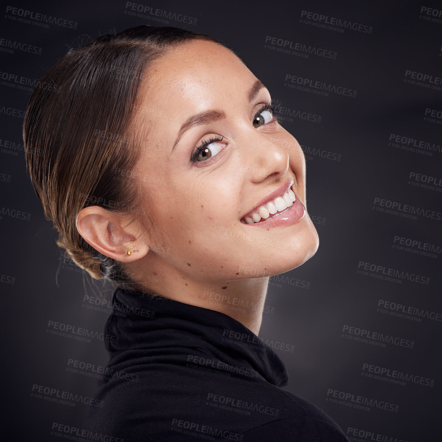 Buy stock photo Skincare, portrait or woman in studio with a happy smile after facial grooming routine isolated on black background. Beauty glow, face or girl model smiling with marketing or advertising mockup space