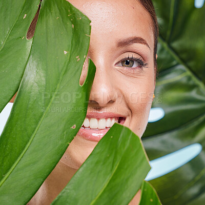 Buy stock photo Portrait, skincare and palm leaf with a model woman posing in studio on blue background for beauty. Face, skin or nature with an attractive young female standing behind a plant for natural treatment