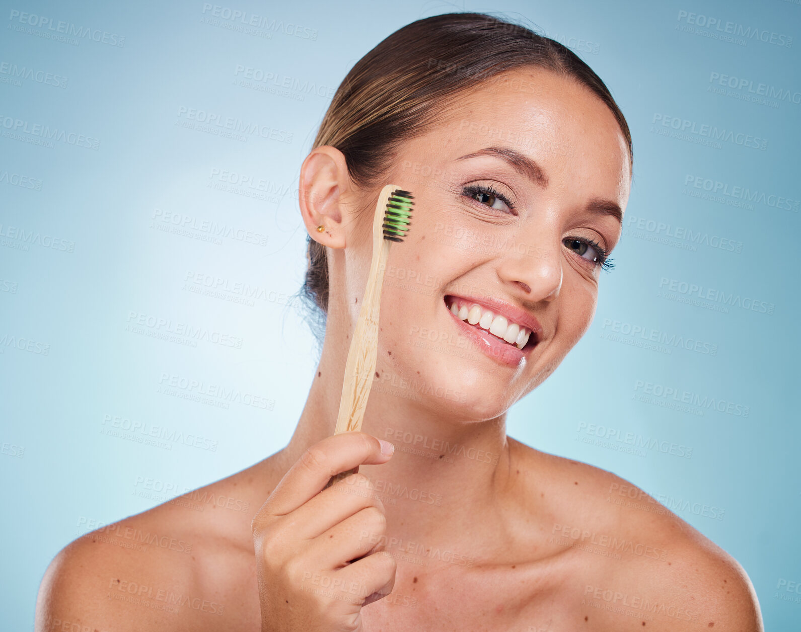 Buy stock photo Brushing teeth, dental and woman with toothbrush for teeth whitening and beauty, oral health and fresh breath with studio background. Mouth wellness, Invisalign portrait and clean with bamboo brush.