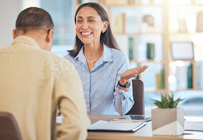 Buy stock photo Business, woman and man in interview, human resources manager and company recruitment, onboarding and hiring new staff. Modern office, happy and hr discussion with business people in job interview.