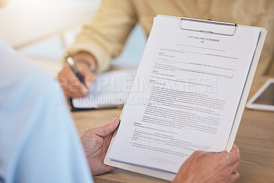 Buy stock photo Contract, last will and testament with life insurance, legal document and clipboard in hands with agreement. Compliance with safety and security in retirement or death, reading and sign paperwork
