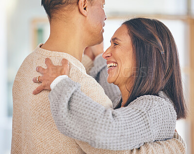 Buy stock photo Senior happy couple, dancing and smile in home, holiday or romantic celebration with love, bonding and care. Couple, dance and happiness for marriage, memory and quality time together in lounge