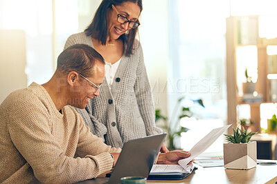 Buy stock photo Love, retirement and senior couple with laptop, investment and pension fund planning. Retired, man and woman with search online, budget and paying debt for mortgage, insurance and finance growth.