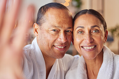 Buy stock photo Selfie, spa and relax with a mature couple posing for a photograph in a salon of wellness center together. Face, portrait and massage with a man and woman taking a picture in a luxury resort