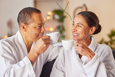 Buy stock photo Coffee, love or old couple at spa to relax with freedom, calm peace or bond on a luxury holiday vacation. Wellness, smile or happy woman with a toast or cheers with a senior partner drinking tea 