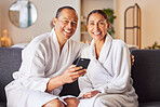 Senior couple at spa, smile with smartphone and happy in portrait, wellness and commitment with romantic trip to luxury resort. Technology, phone and relax together, happiness and romance on holiday.