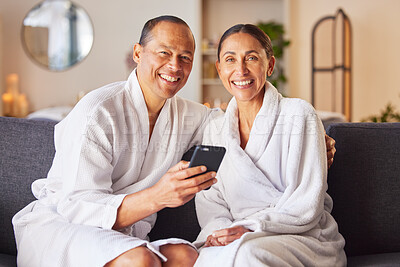 Buy stock photo Senior couple at spa, portrait with smartphone and happy smile, wellness and commitment with romantic trip to luxury resort. Technology, phone and relax together, happiness and romance on holiday