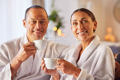 Buy stock photo Spa, tea and portrait of couple relax together at Tokyo Japan resort for marriage anniversary vacation, holiday or wellness retreat. Beauty spa, love and coffee drink for Asian man and woman