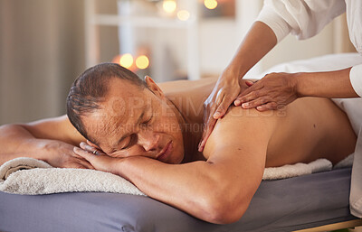 Spa, relax and hands massage man for health, wellness and stress relief at luxury resort. Zen, physical therapy and female therapist massaging back and arm of male for physiotherapy and body care.