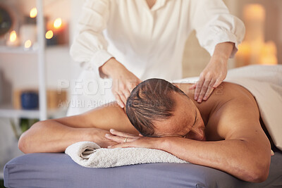 Buy stock photo Spa, man and massage for wellness, luxury and relax for health, peace or lying on table. Male person, rich and self care for healthy lifestyle, zen treatment or grooming for stress relief and healing