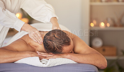 Buy stock photo Spa, man and massage for luxury, health and relax for wellness, peace or lying on table. Male person, rich and self care for healthy lifestyle, zen treatment and grooming for stress relief and detox
