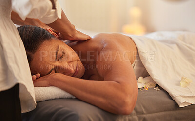 Buy stock photo Woman at spa for massage with therapist and holistic treatment, wellness and self care with aromatherapy. Luxury service, relax and peace with body care and back massage, masseuse hands for zen