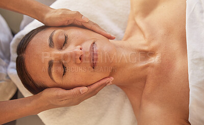 Buy stock photo Woman, face and hands for massage in beauty salon for relax physical therapy, skincare wellness and luxury spa wellness. Masseuse, facial care and dermatology therapy for body care glow from above