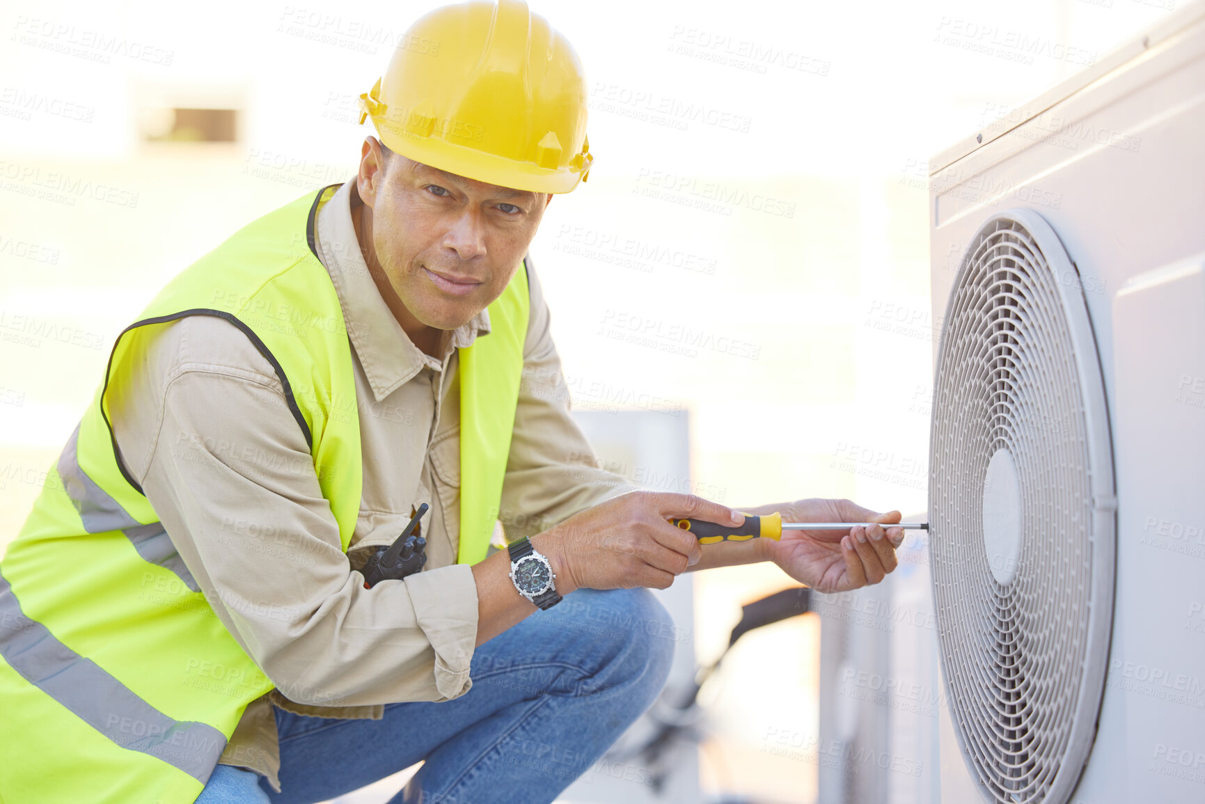 Buy stock photo Air conditioner, repair and portrait of man on roof for maintenance, construction and fixing appliance. Ac repair, construction and handyman, technician or engineer with tools for building project