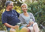 Fitness, portrait or old couple in nature for hiking workout, walking exercise or trekking on holiday vacation. Retirement, healthy or happy woman hugs or bonding with senior partner in a forest park